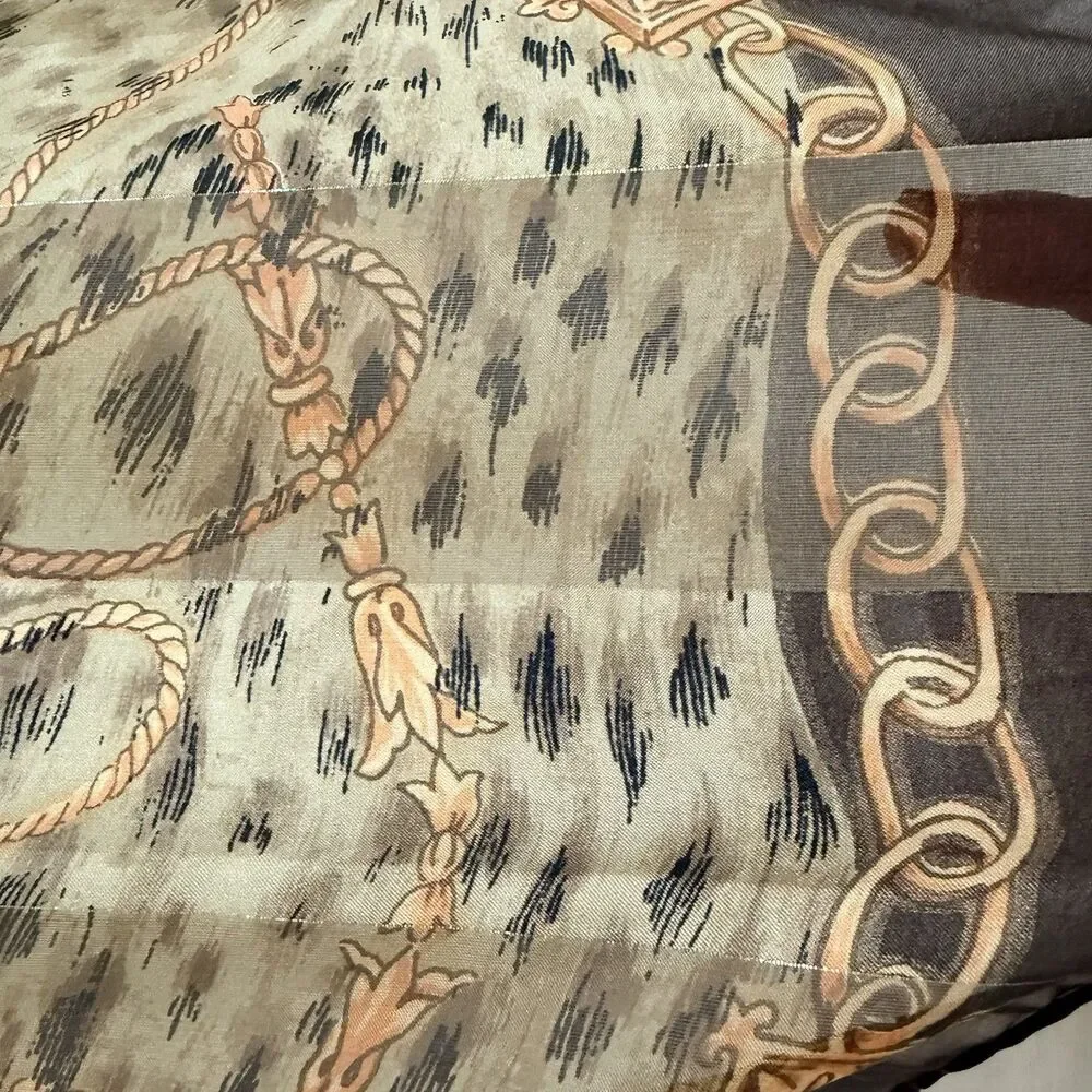 Vintage Silk Scarf Brown Gold Equestrian Chain Tassel Metallic Square 35x35